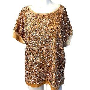 Ladies Small Gold Sequin Velvet Holiday Blouse Short Sleeve Sparkly Umgee New